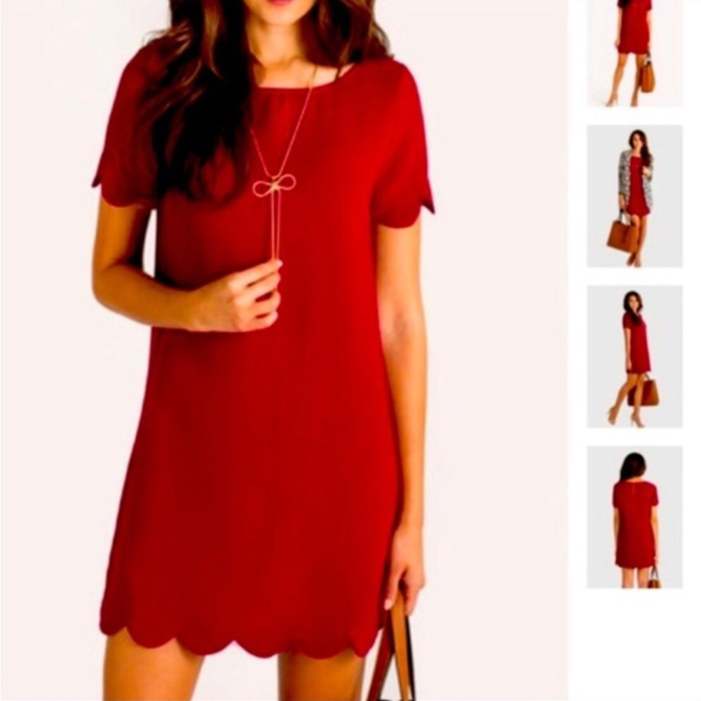 Monteau Red Scalloped Hem Short Sleeve Shift Short Dress Short Sleeves